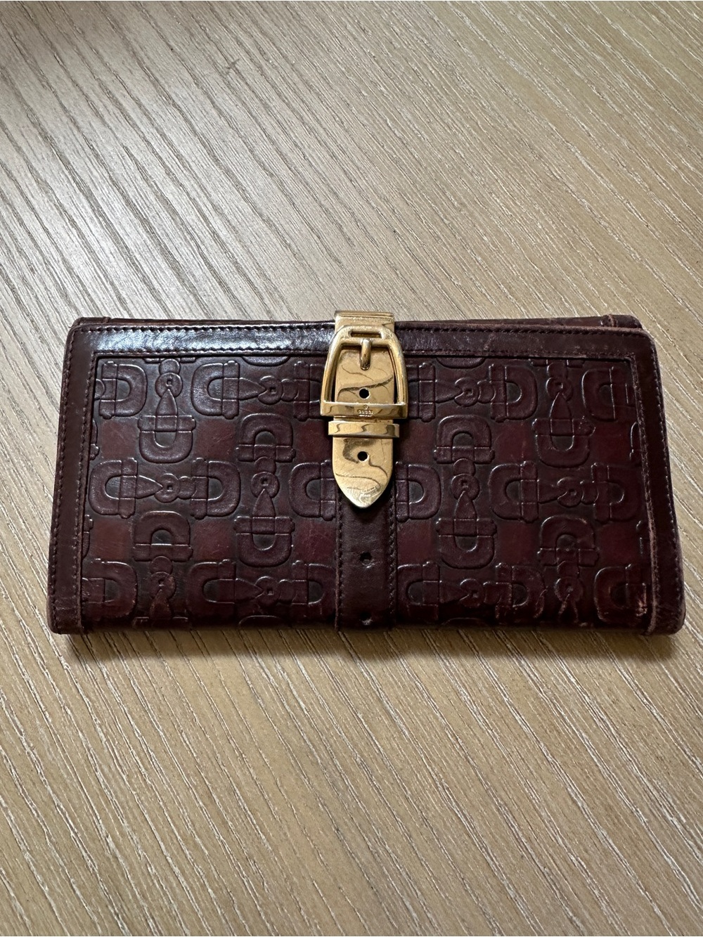 Gucci Brown Embossed Leather Wallet with Gold Buckle. Vintage Gucci